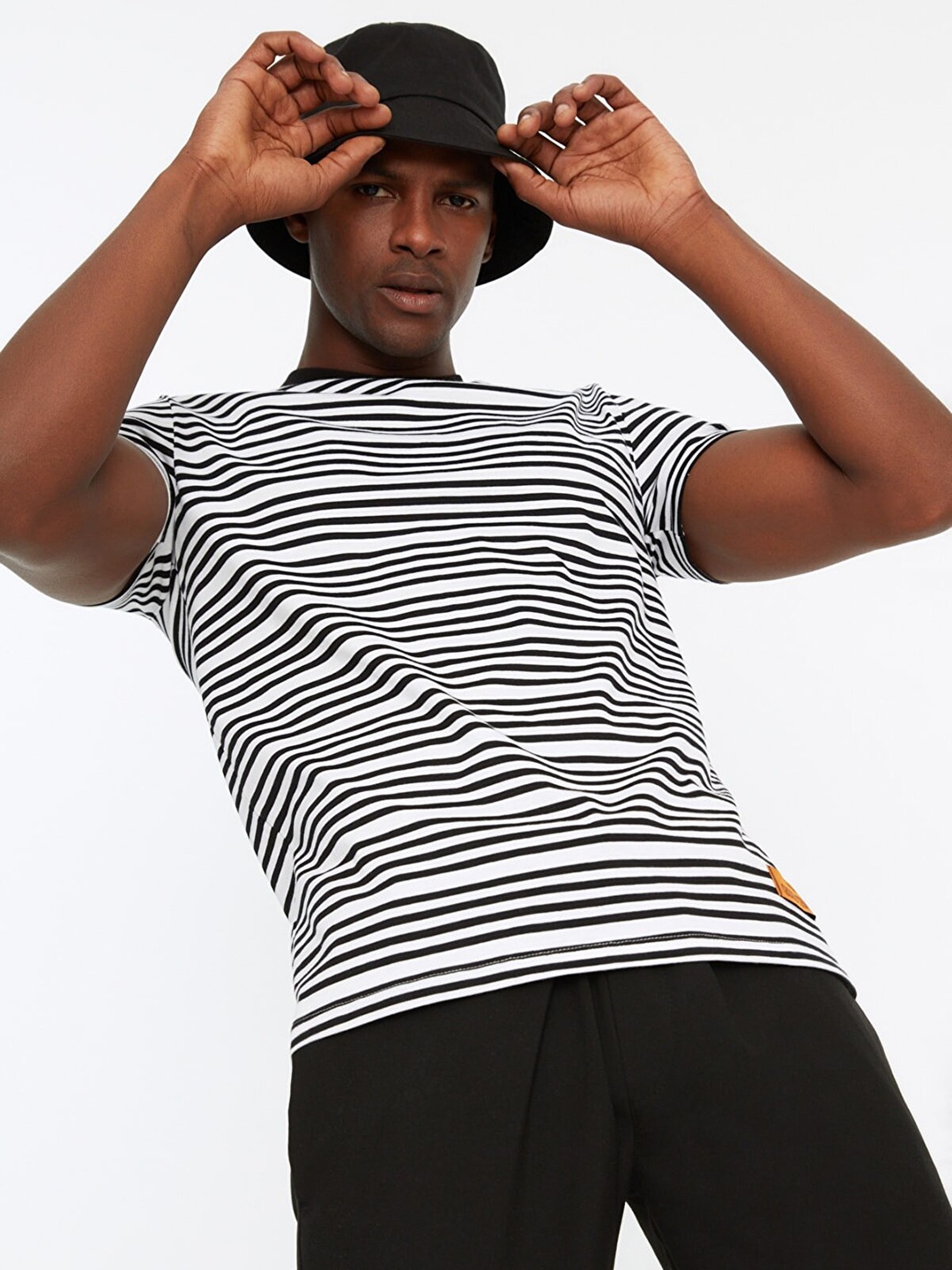 

Trendyol Men Black & White Striped Pure Cotton T-shirt