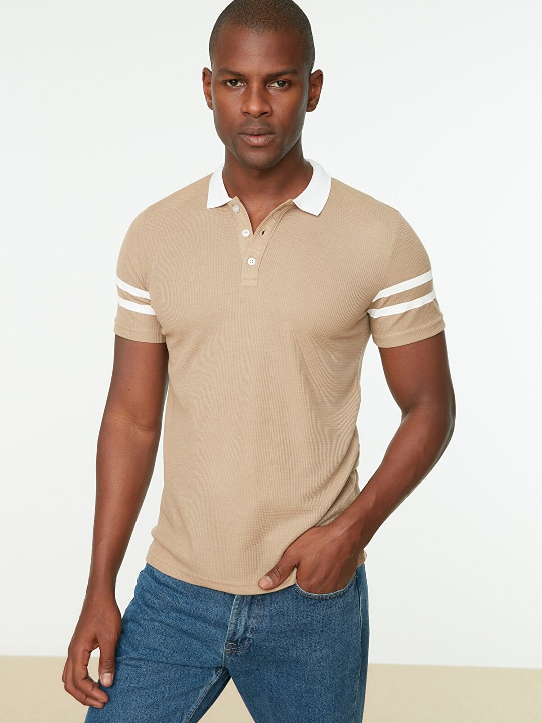

Trendyol Men Beige & White Solid Polo Collar T-shirt