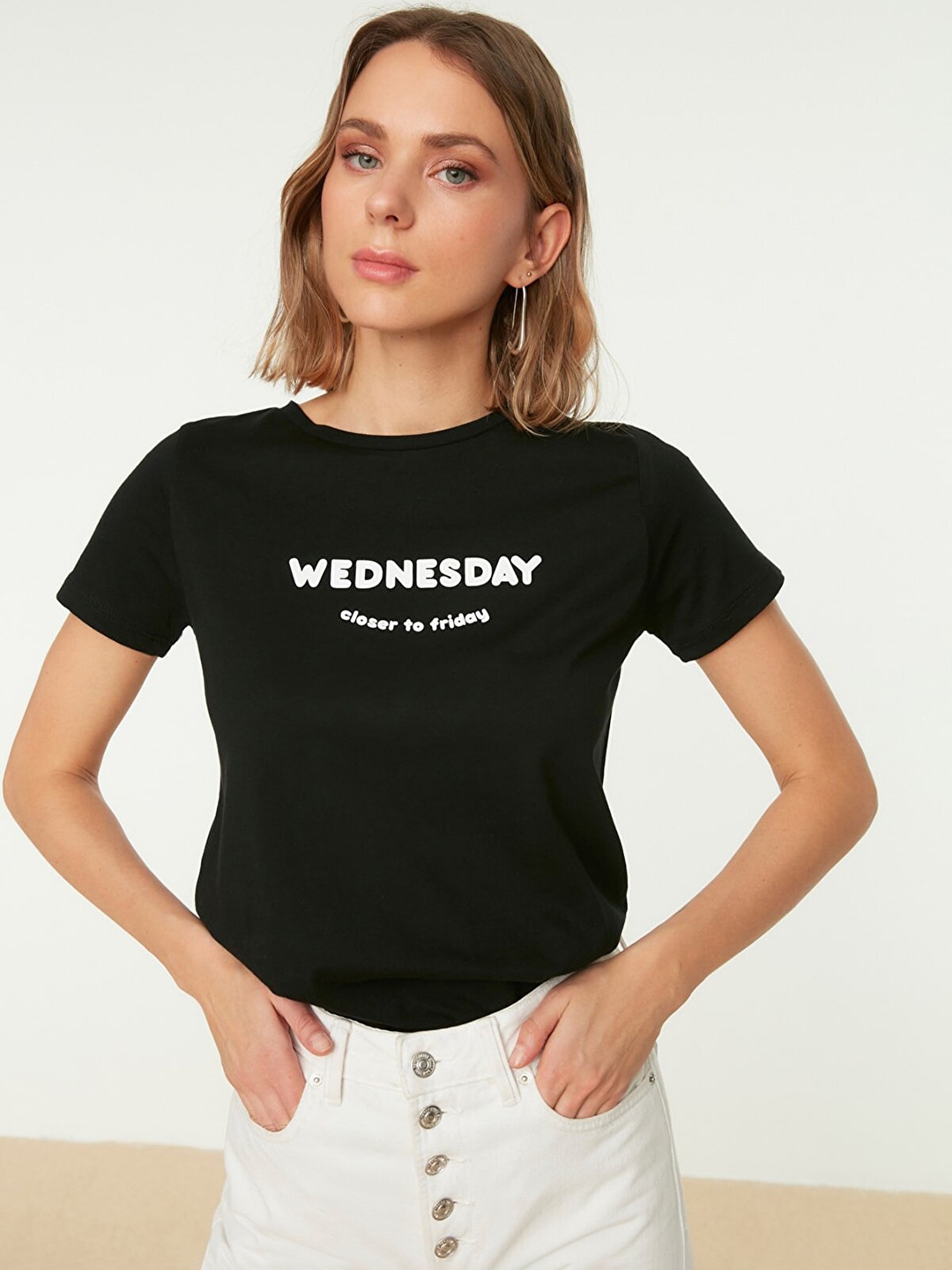 

Trendyol Women Black & White Pure Cotton Printed T-shirt