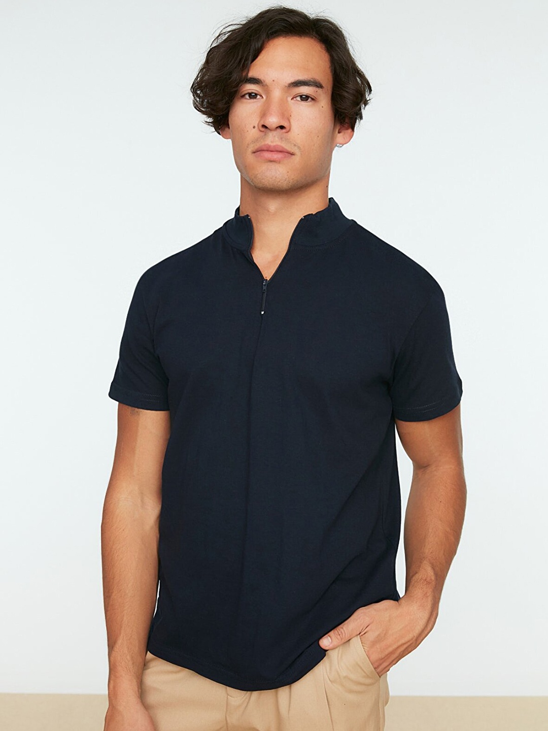 

Trendyol Men Navy Blue Solid Turtle Neck Pure Cotton T-shirt