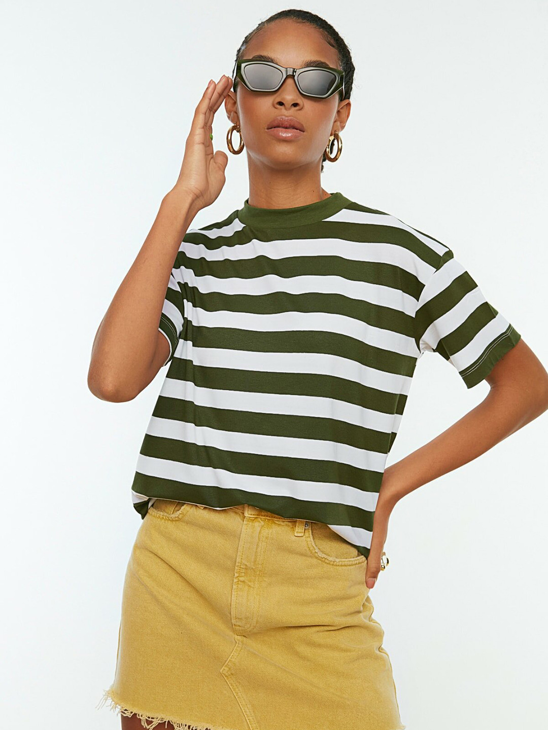 

Trendyol Women Green & White Striped Drop-Shoulder Sleeves T-shirt