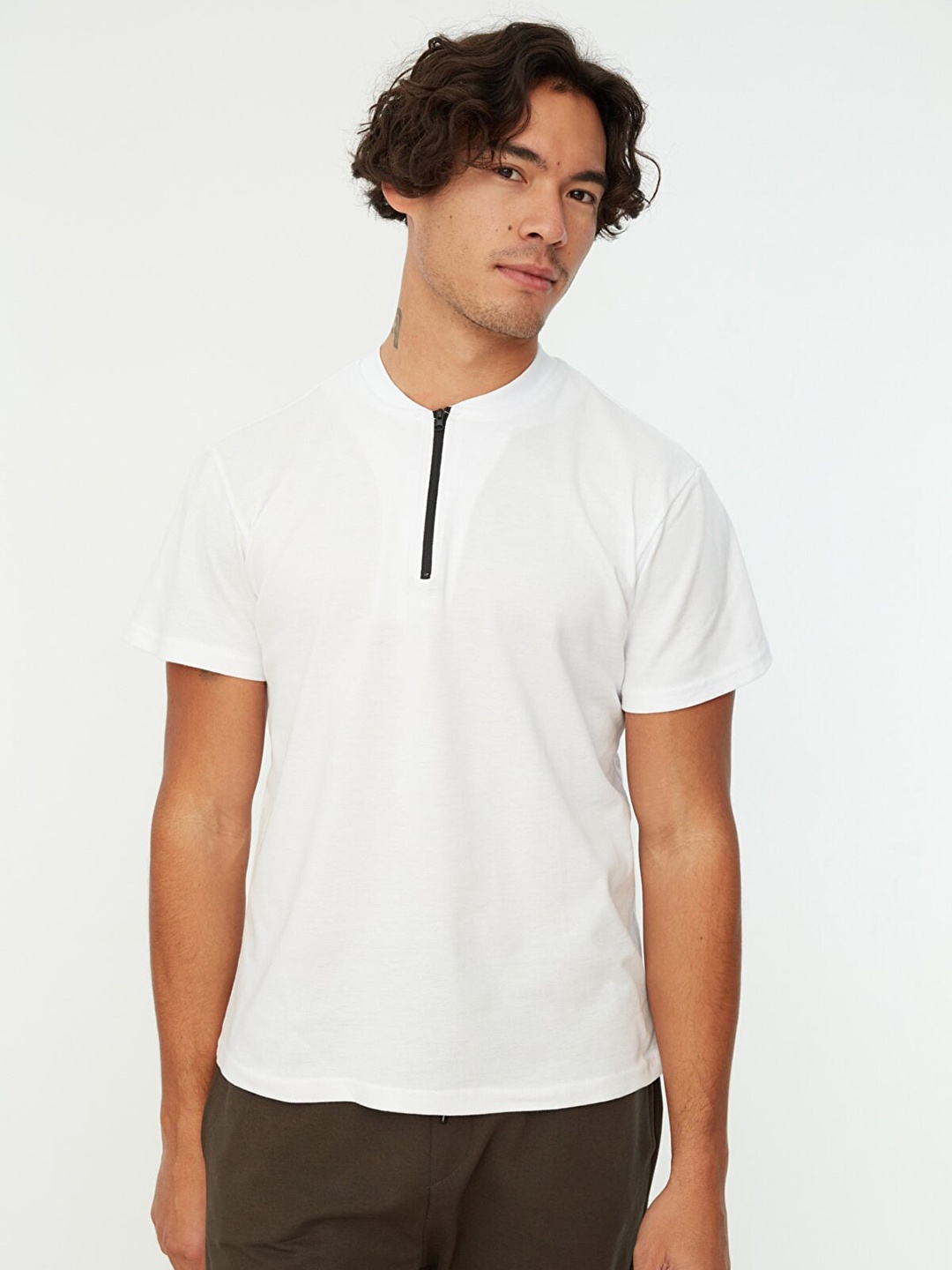 

Trendyol Men White Mandarin Collar Pure Cotton T-shirt