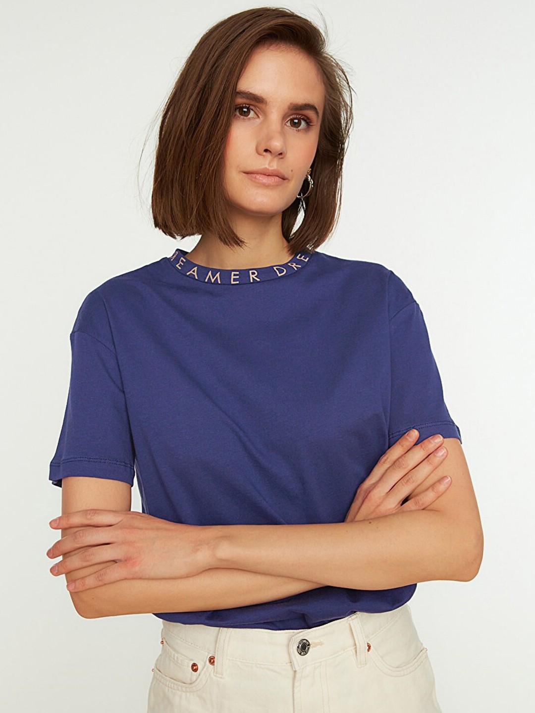 

Trendyol Women Navy Blue Solid Pure Cotton T-shirt