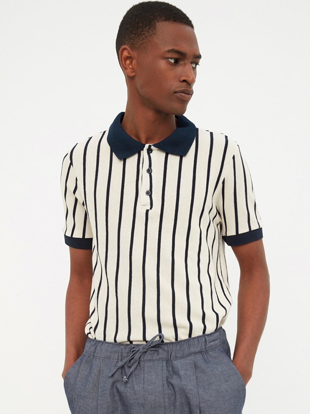 

Trendyol Men White & Navy Blue Striped Polo Collar T-shirt