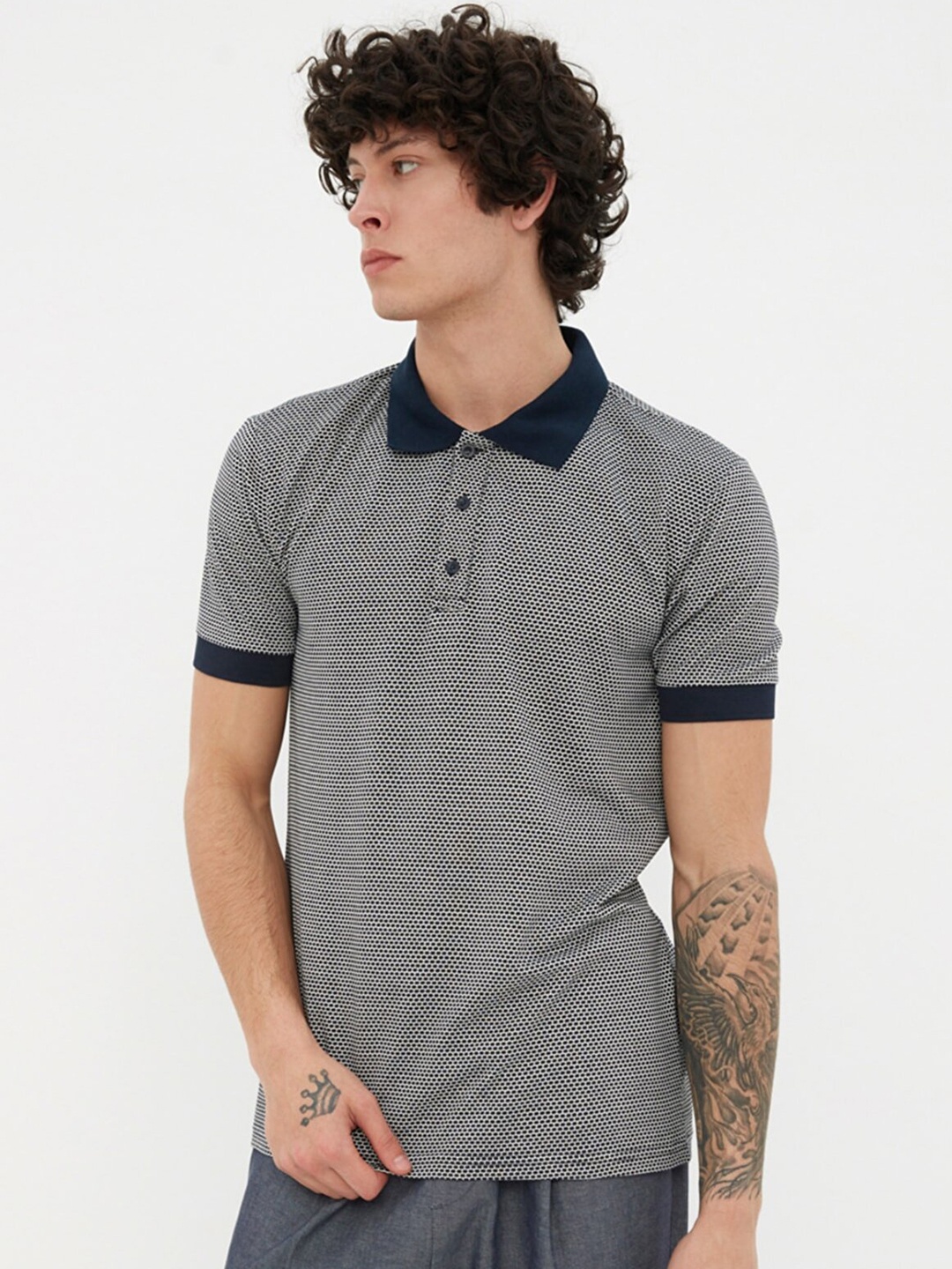 

Trendyol Men Navy Blue & White Embroidered Polo Collar T-shirt