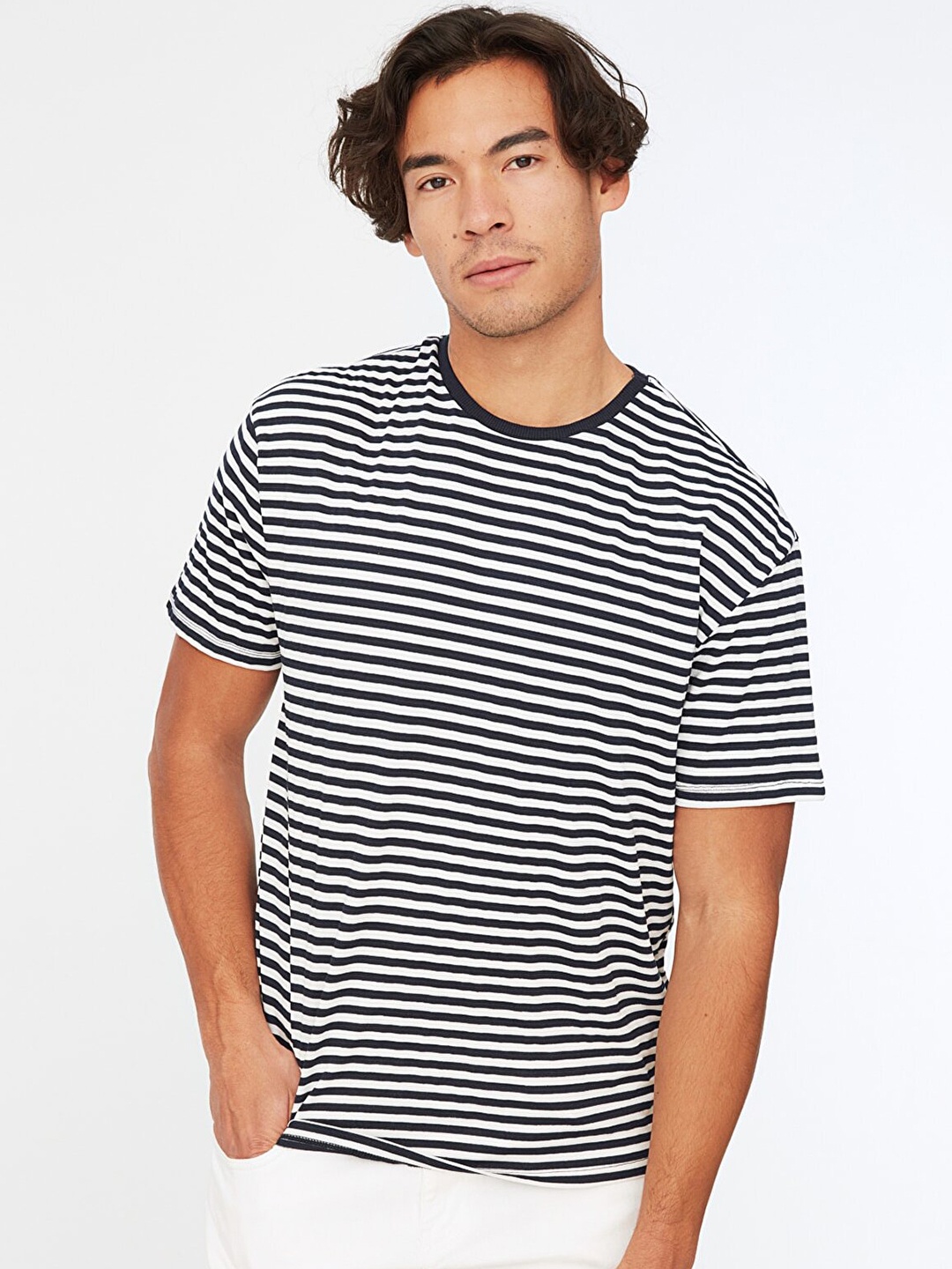 

Trendyol Men Navy Blue & White Striped T-shirt
