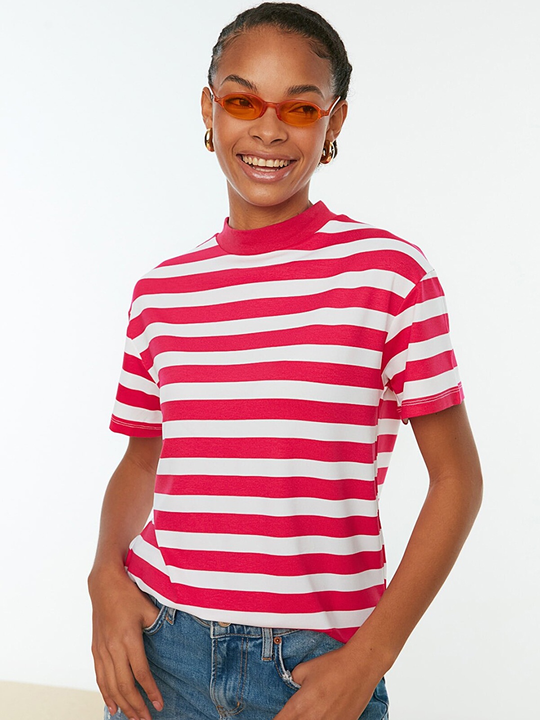 

Trendyol Women Pink & White Striped Drop-Shoulder Sleeves T-shirt