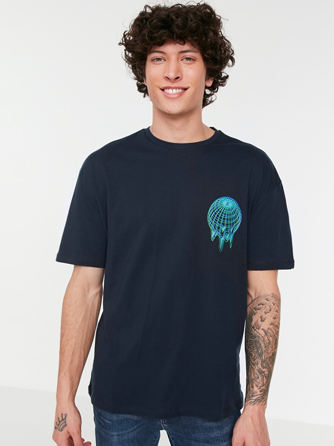 

Trendyol Men Navy Blue Cotton Printed T-shirt