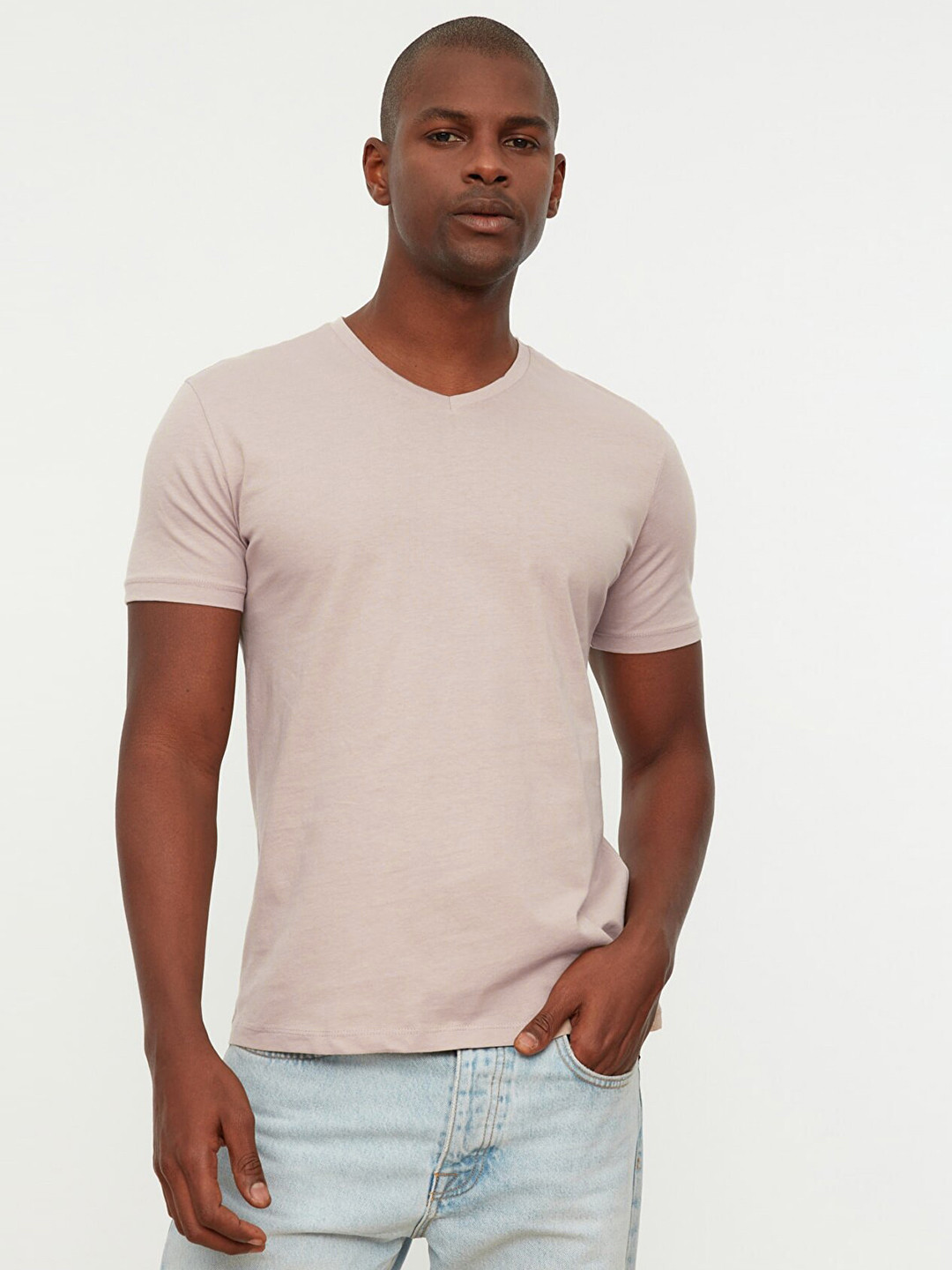 

Trendyol Men Beige V-Neck Pure Cotton T-shirt