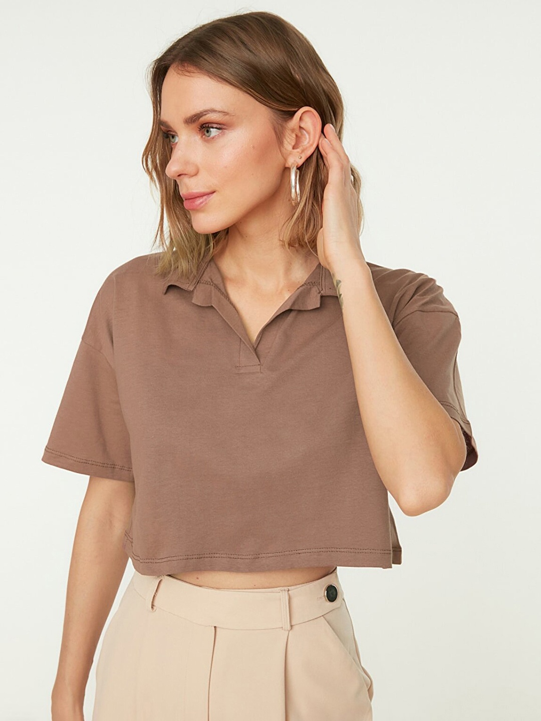 

Trendyol Women Taupe Solid Polo Collar Drop-Shoulder Sleeves Cotton T-shirt
