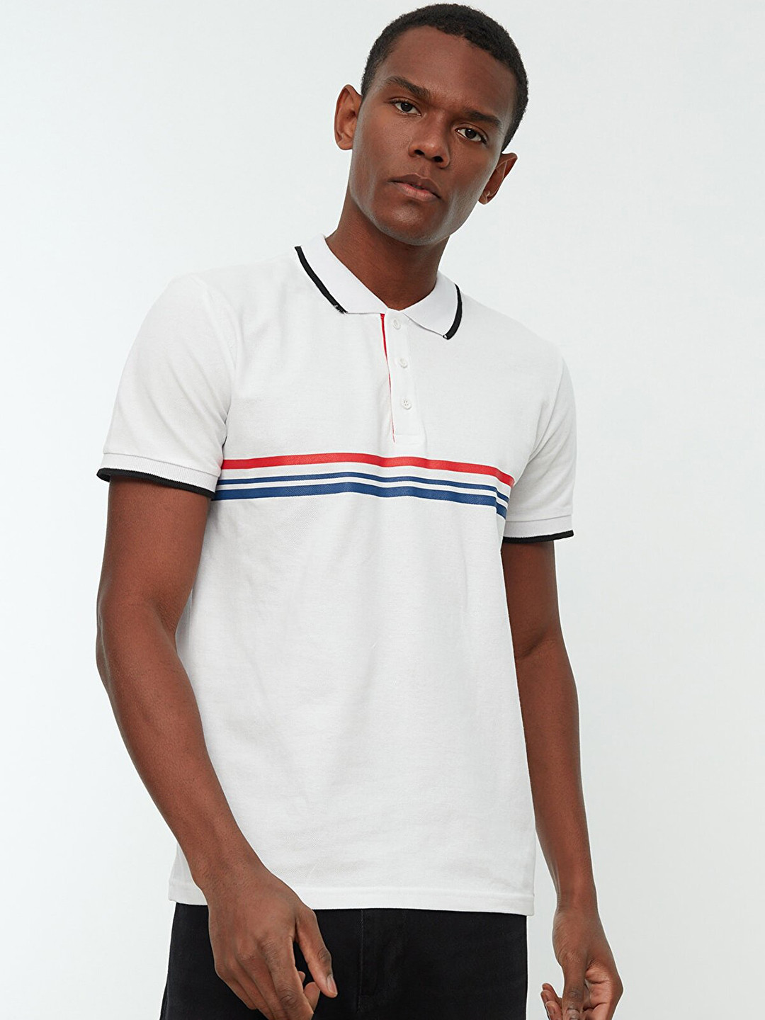 

Trendyol Men White Striped Polo Collar Pure Cotton T-shirt
