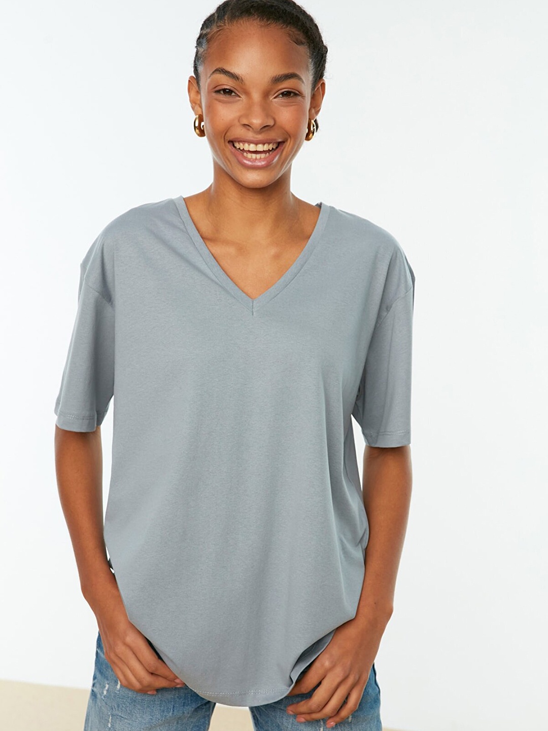 

Trendyol Women Grey V-Neck Drop-Shoulder Sleeves Pure Cotton T-shirt