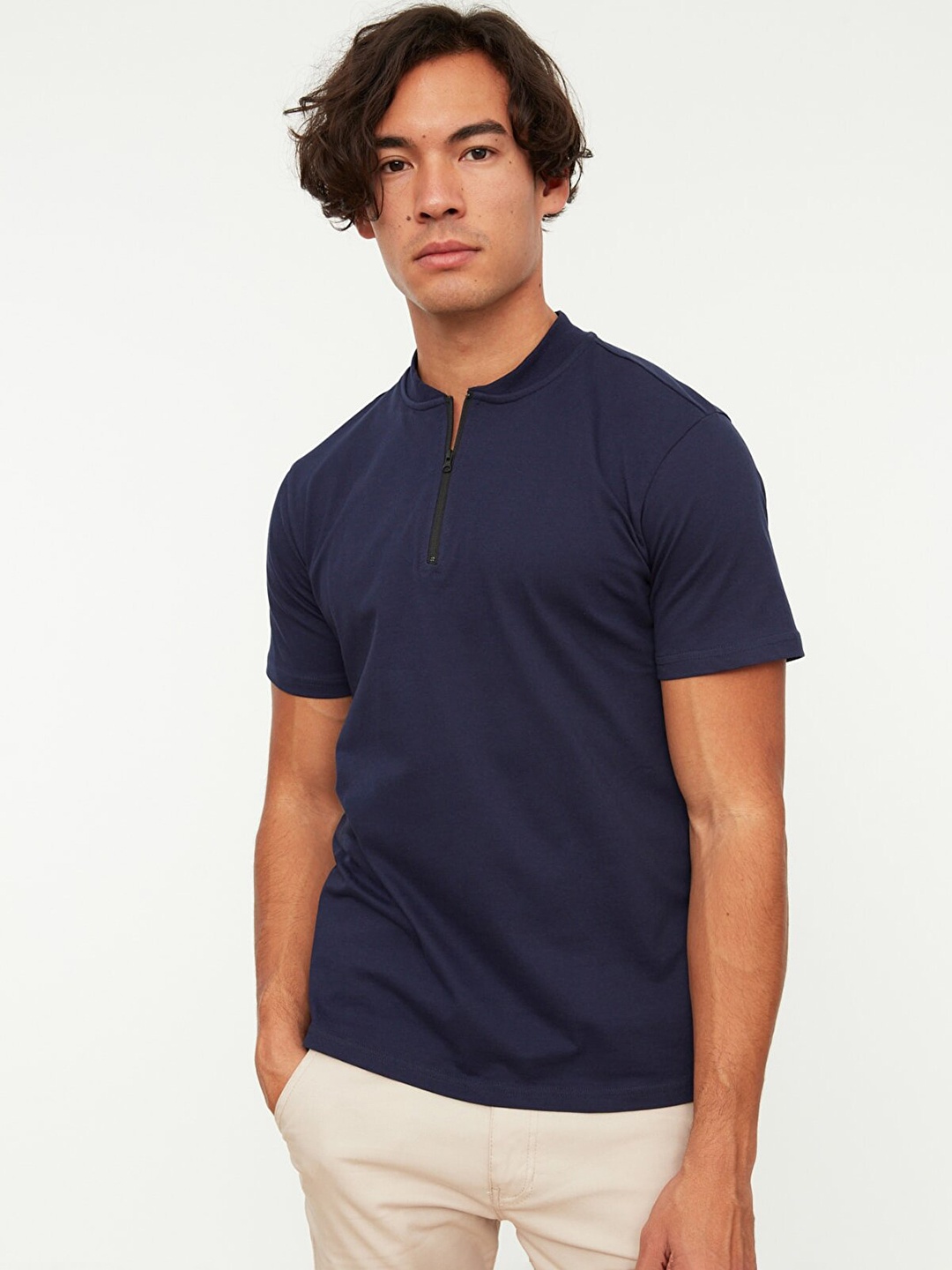

Trendyol Men Navy Blue Mandarin Collar Pure Cotton Slim Fit T-shirt