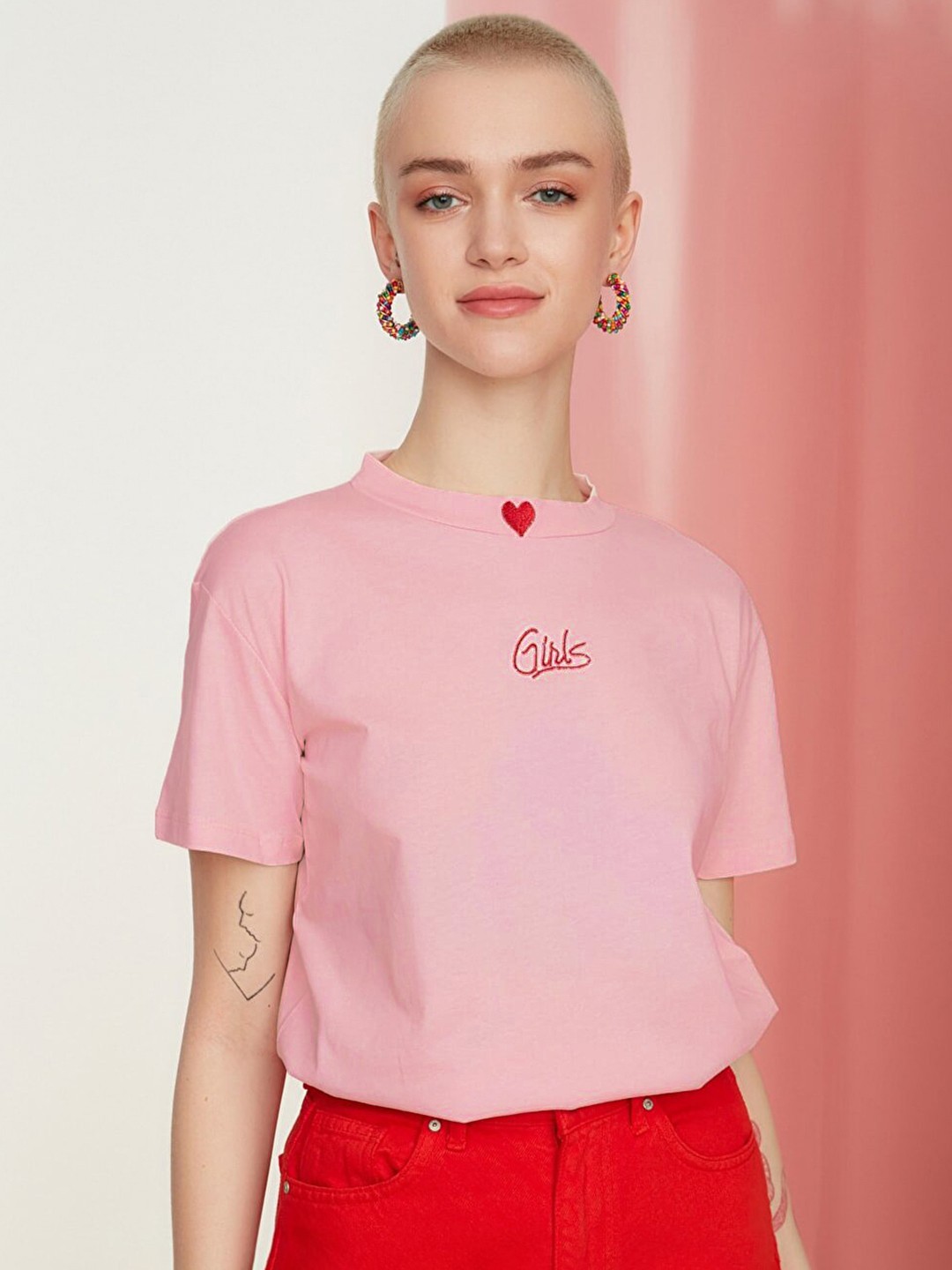 

Trendyol Women Pink Embroidered Detail Drop-Shoulder Sleeves Pure Cotton T-shirt