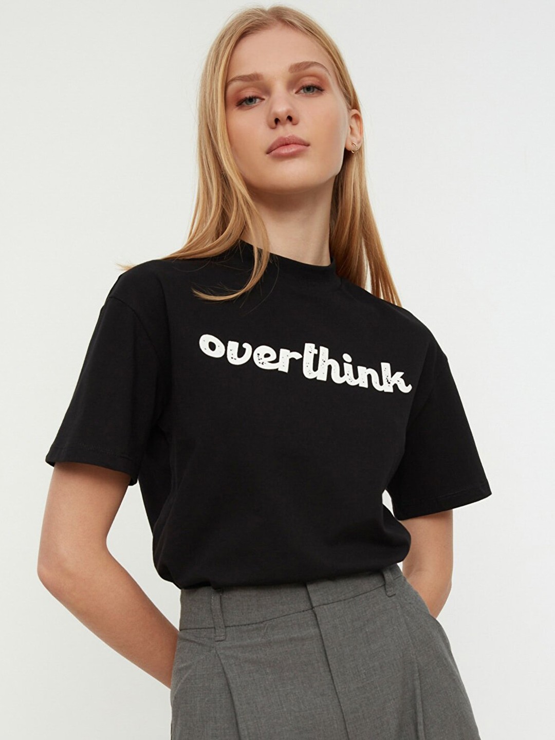 

Trendyol Women Black Typography Printed Drop-Shoulder Sleeves Pure Cotton Knitted T-shirt