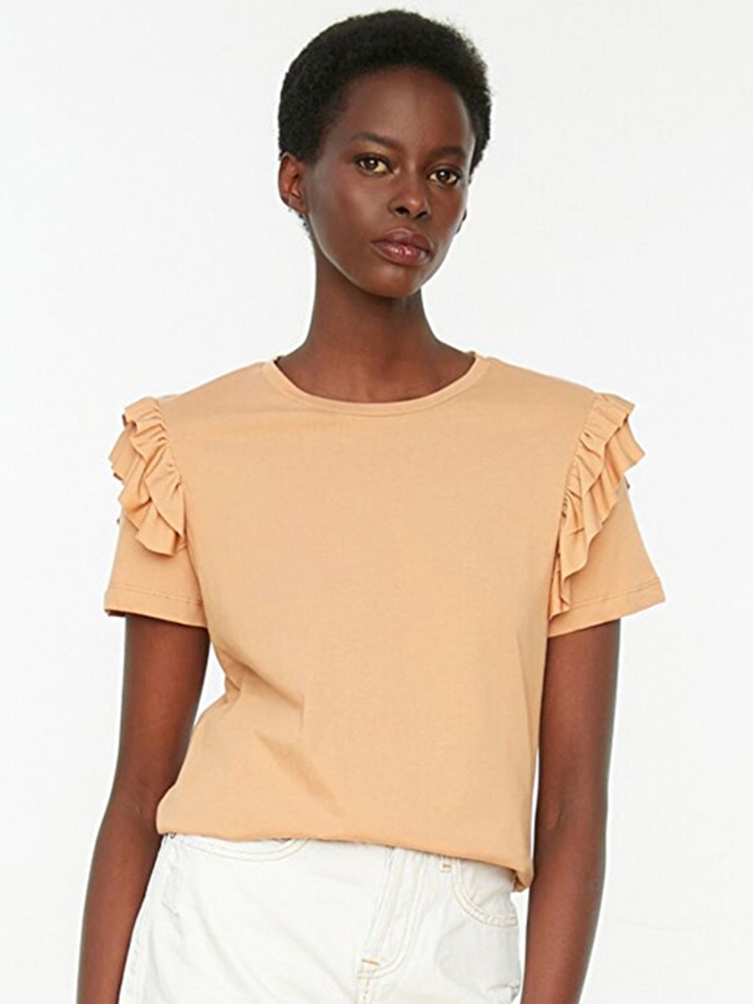 

Trendyol Women Beige Solid Pure Cotton Ruffles Top