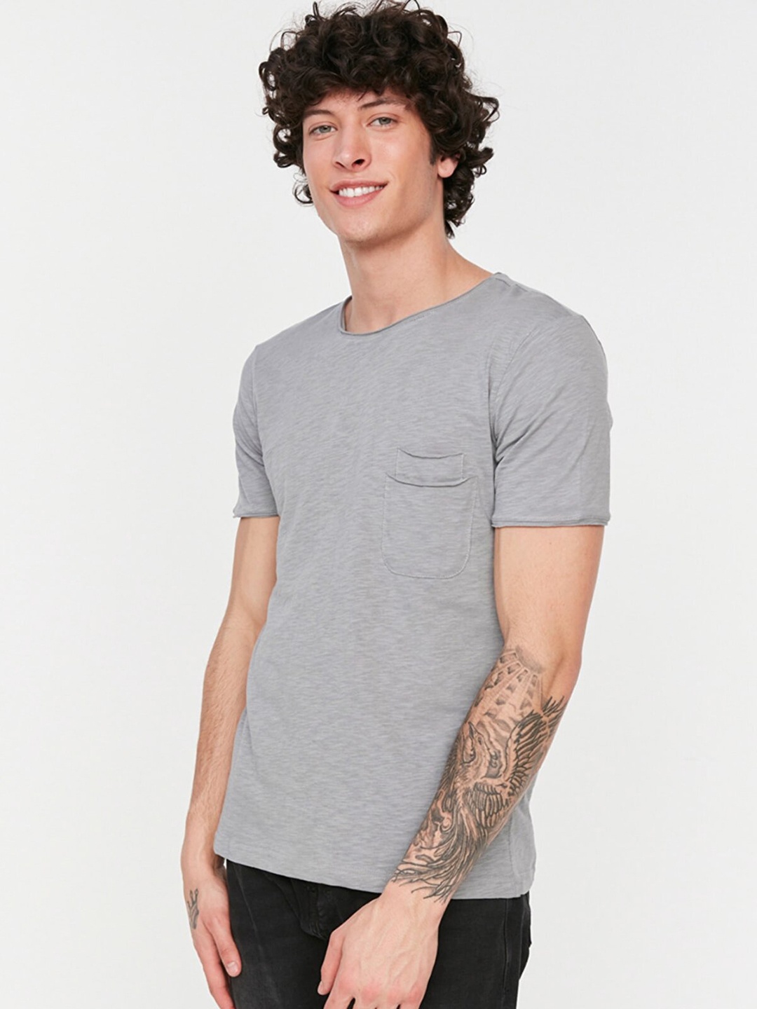 

Trendyol Men Grey Melange Pure Cotton T-shirt