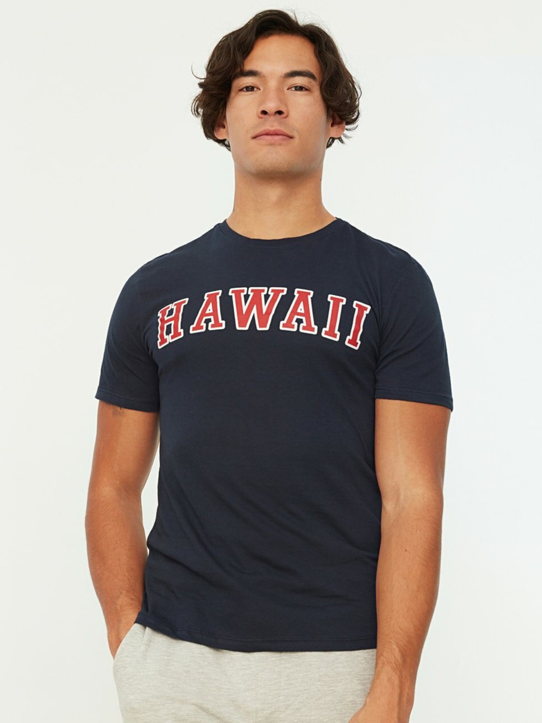 

Trendyol Men Navy Blue & Red Printed Pure Cotton T-shirt