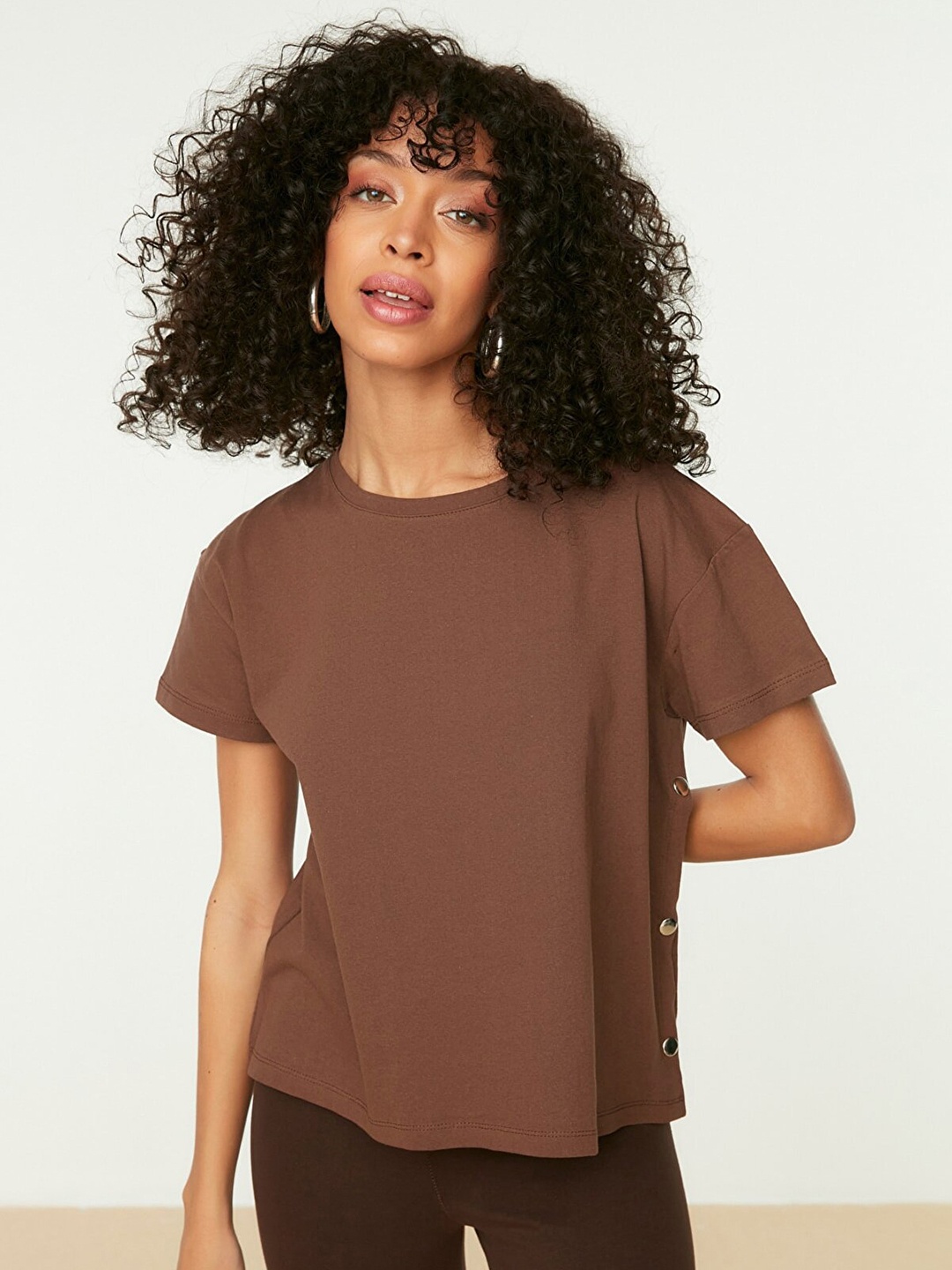 

Trendyol Women Brown Pure Cotton Drop-Shoulder Sleeves T-shirt