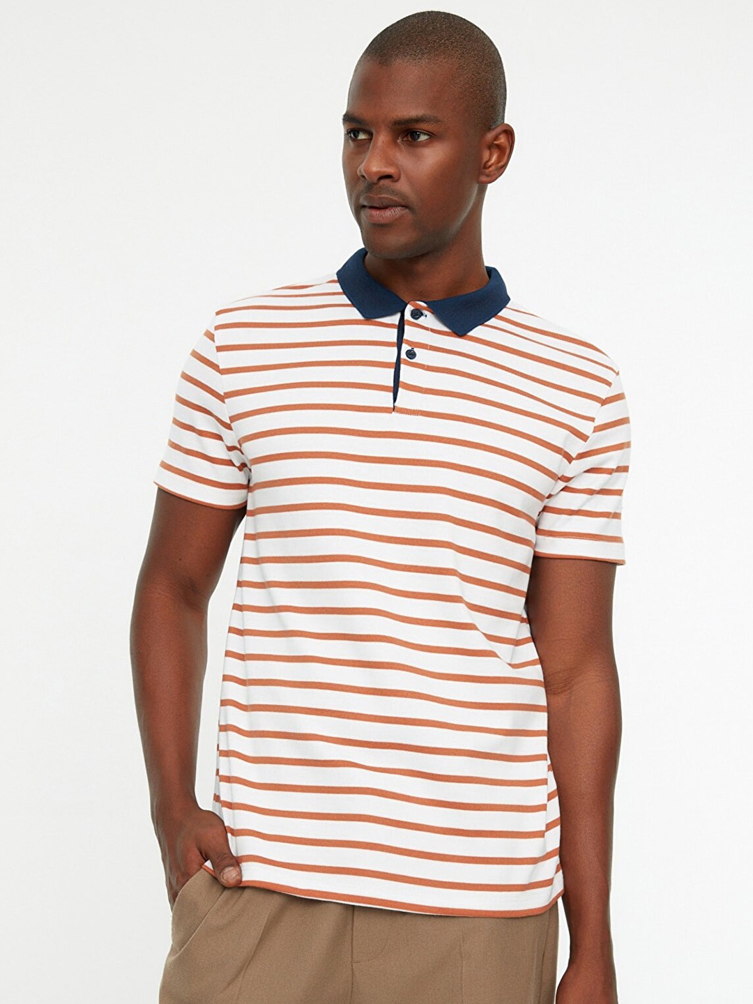 

Trendyol Men Brown & White Striped Polo Collar Pure Cotton T-shirt