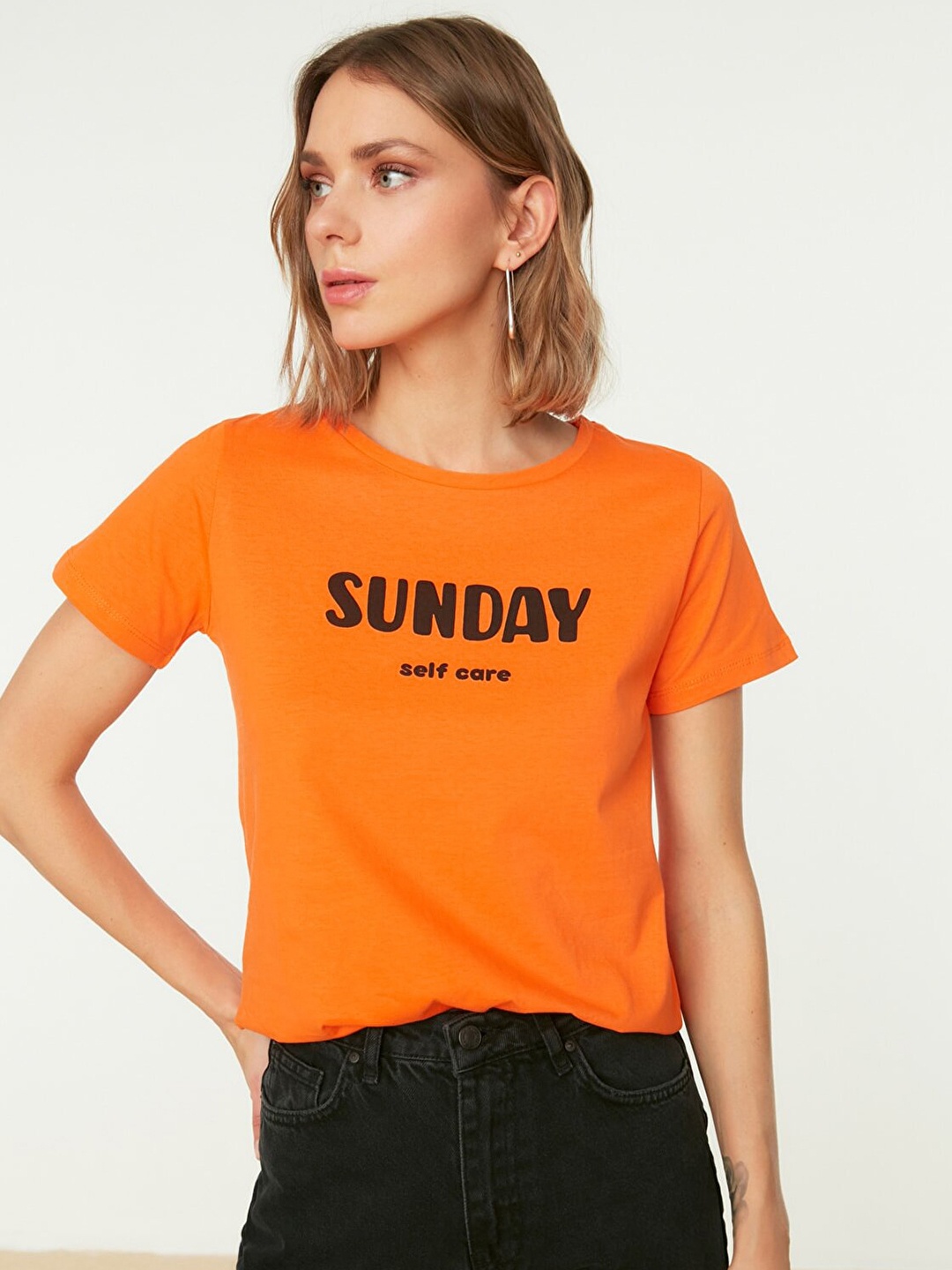 

Trendyol Women Orange Typography Printed Pure Cotton T-shirt