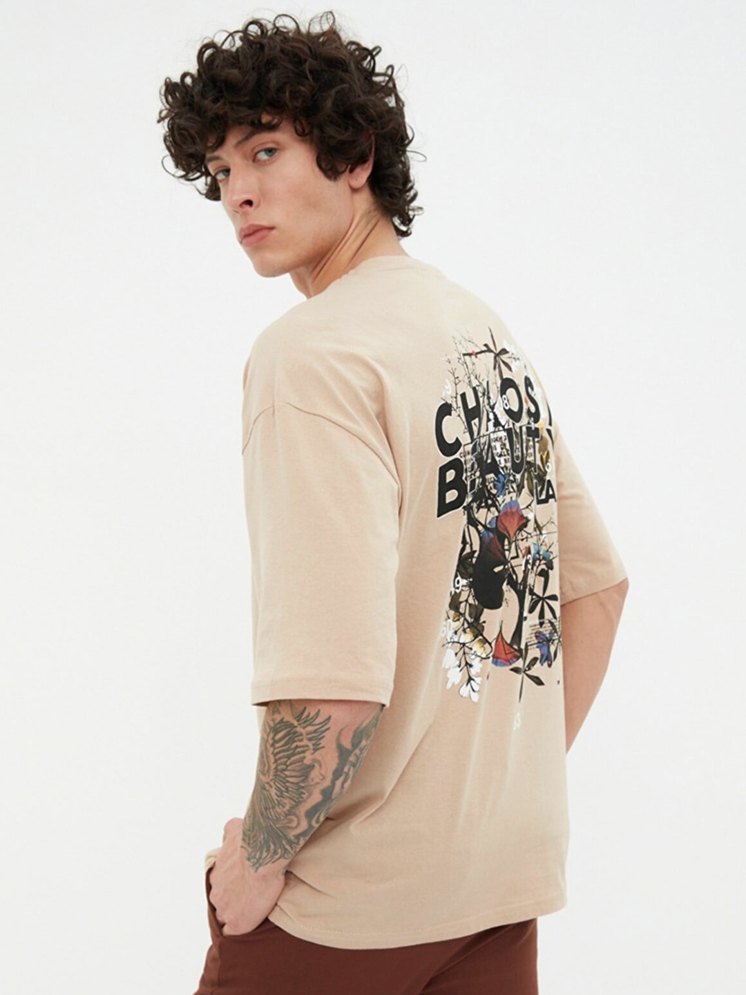 Trendyol Men Beige & Black Pure Cotton Printed T-shirt