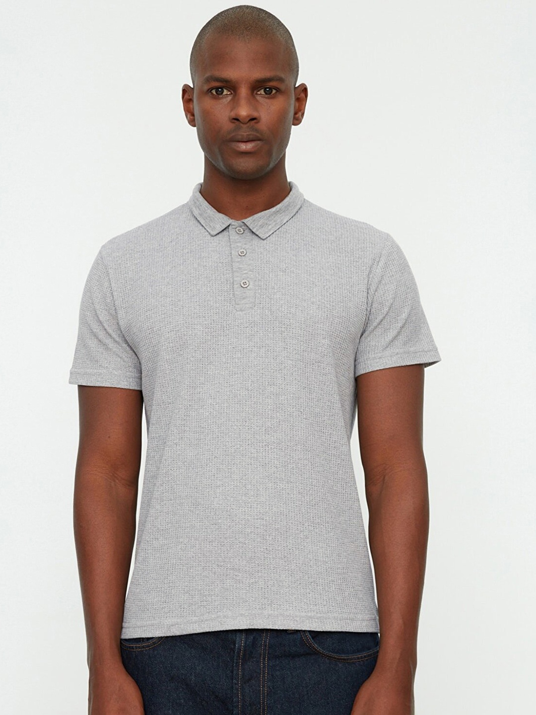 

Trendyol Men Grey Textured Polo Collar Slim Fit T-shirt