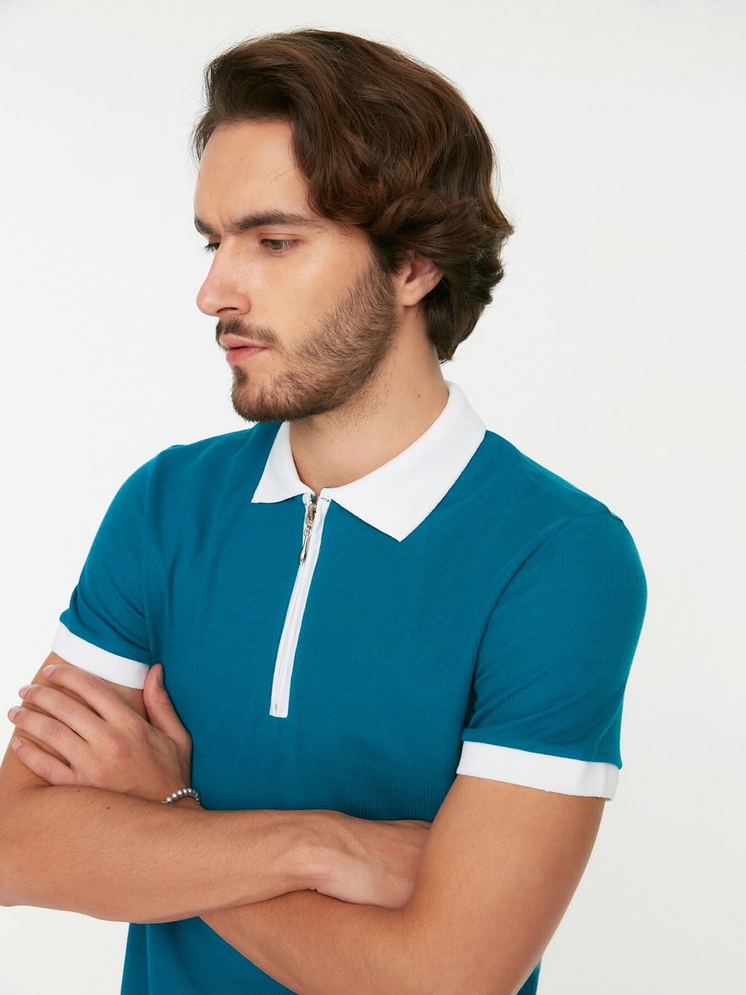 

Trendyol Men Teal Blue Polo Collar Slim Fit T-shirt
