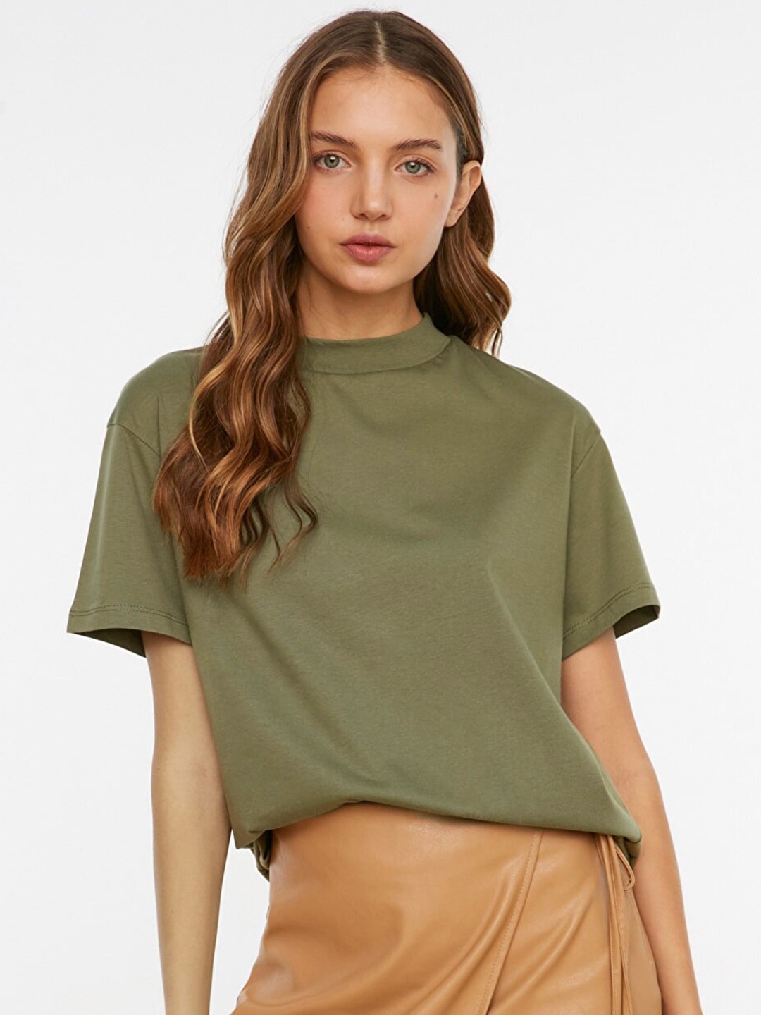 

Trendyol Women Olive Green Pure Cotton Drop-Shoulder Sleeves T-shirt