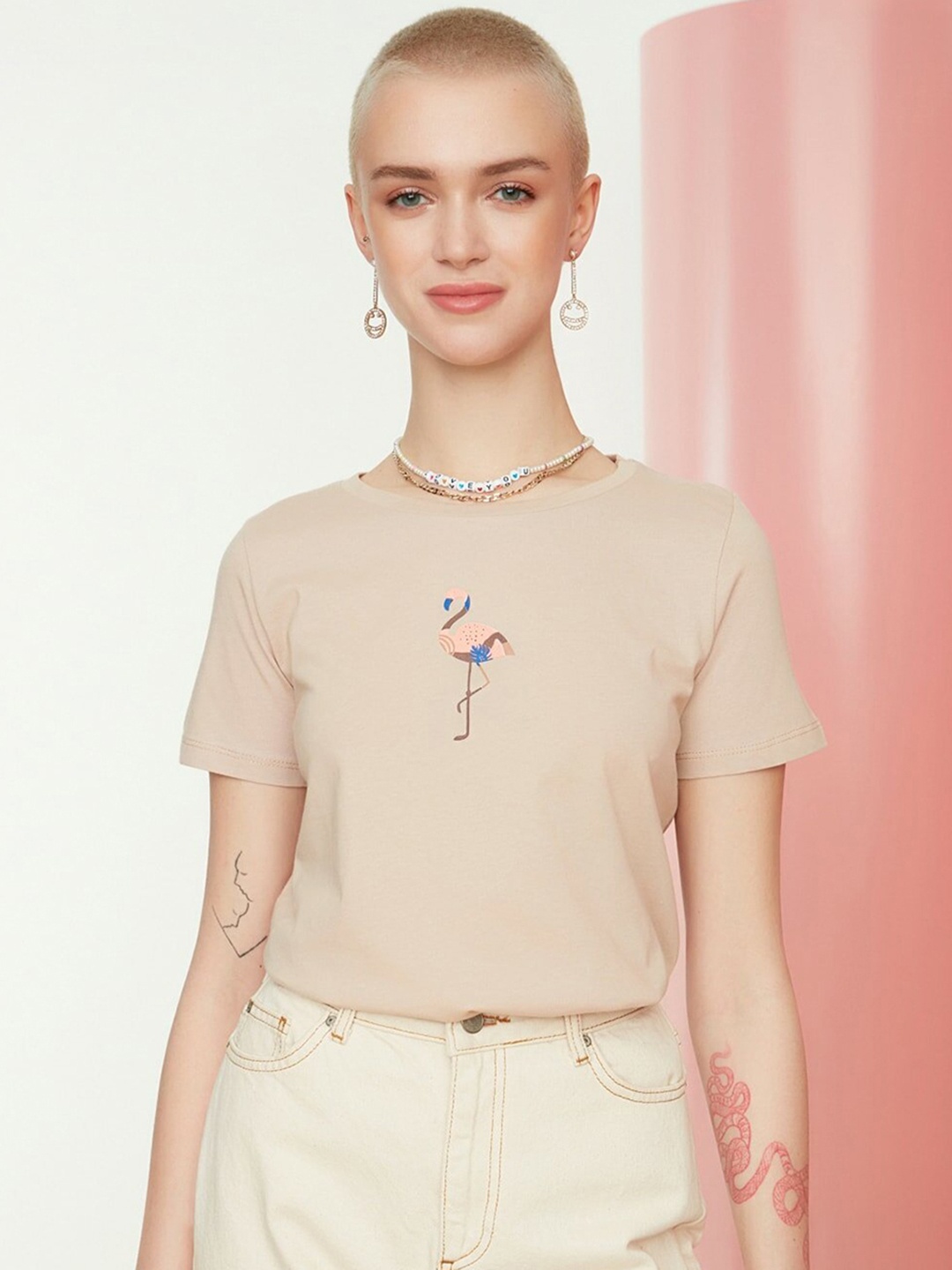 

Trendyol Women Beige Conversational Printed Pure Cotton Crop T-shirt