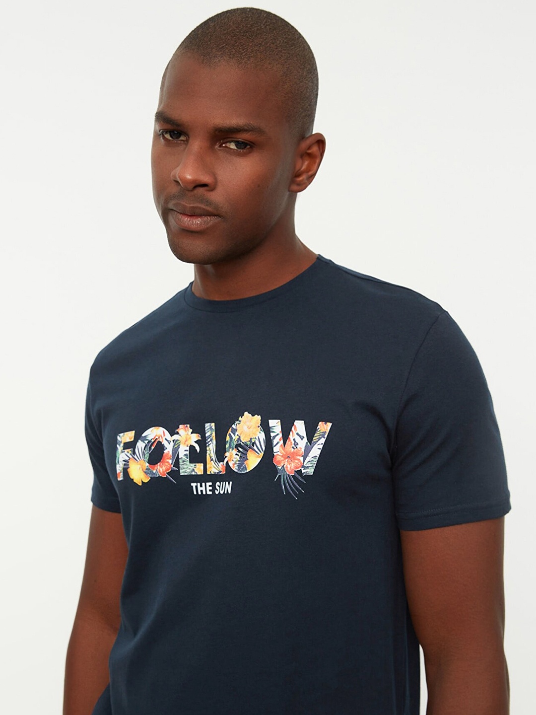 

Trendyol Men Navy Blue Typography Printed Pure Cotton T-shirt