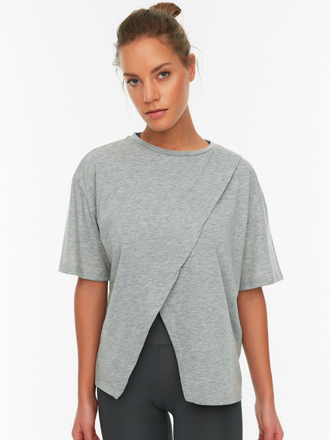 

Trendyol Women Grey Solid Pure Cotton Wrap T-shirt