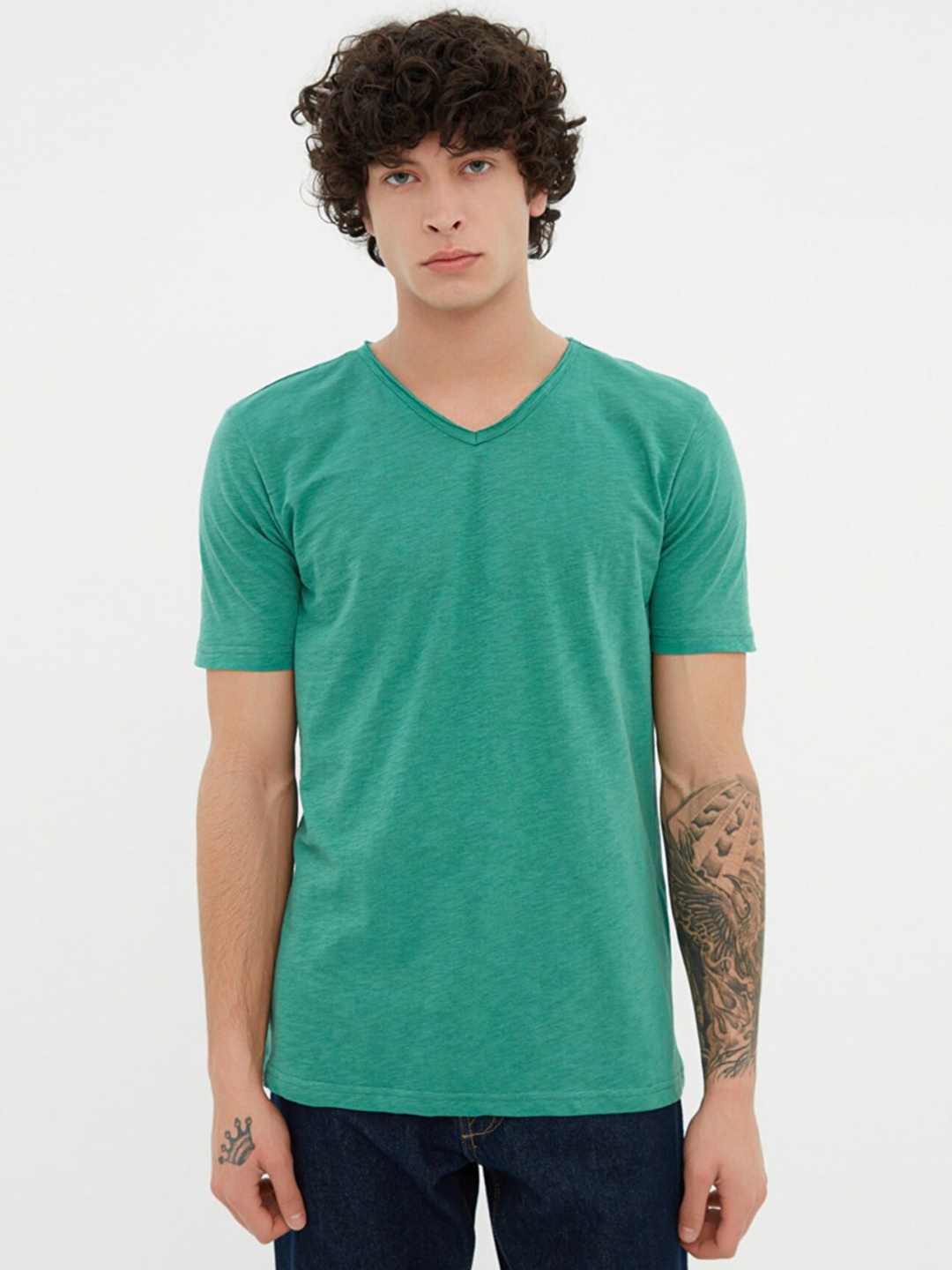 

Trendyol Men Green V-Neck Pure Cotton T-shirt