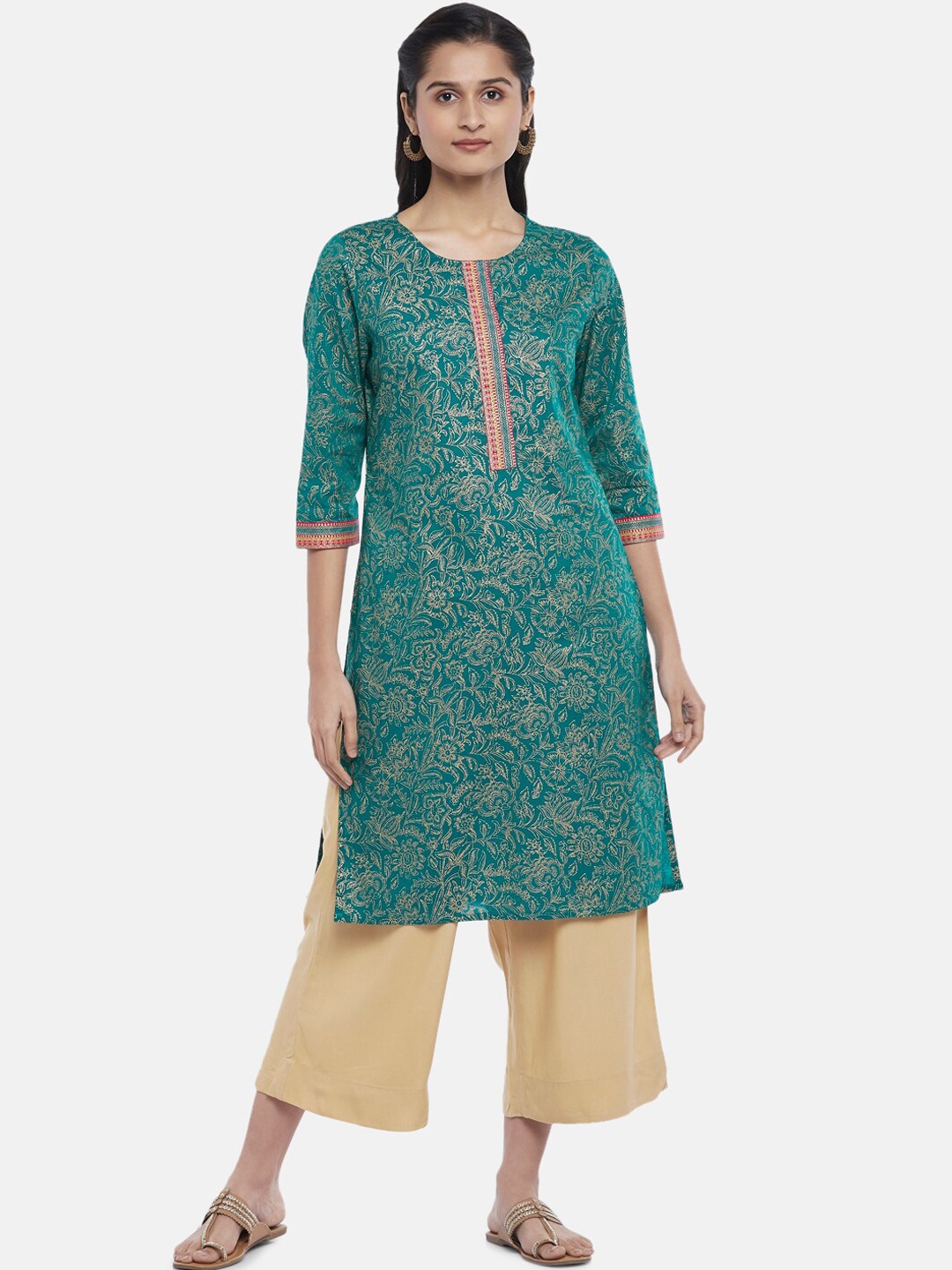 

RANGMANCH BY PANTALOONS Teal Green Ethnic Motifs Printed Kurta