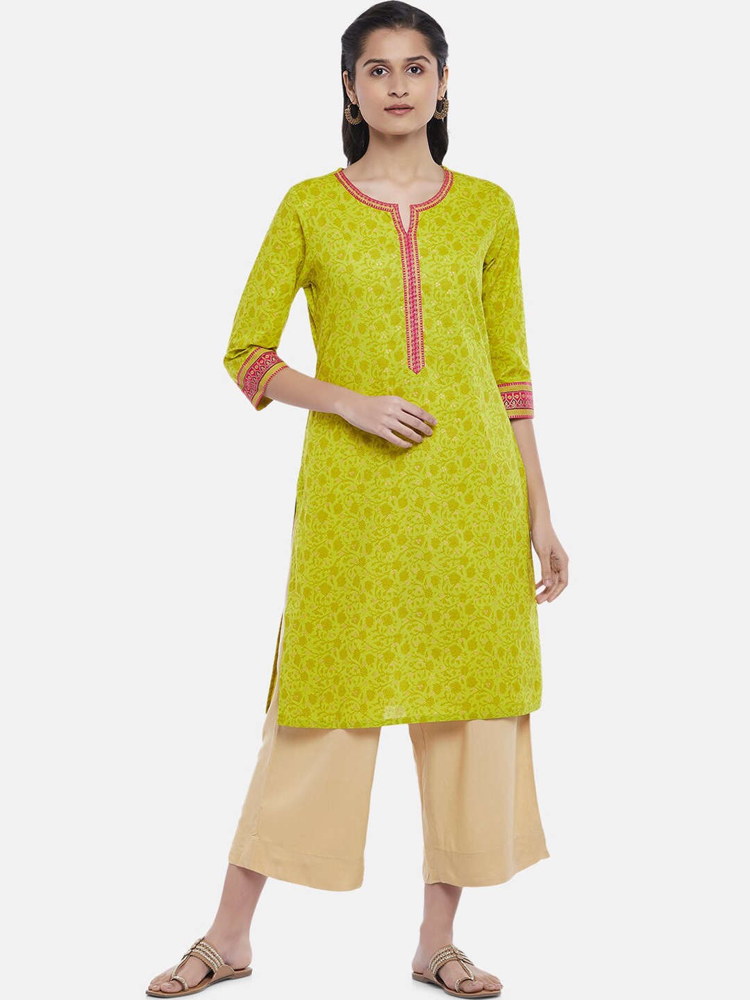 

RANGMANCH BY PANTALOONS Lime Green Ethnic Motifs Printed Thread Work Kurta