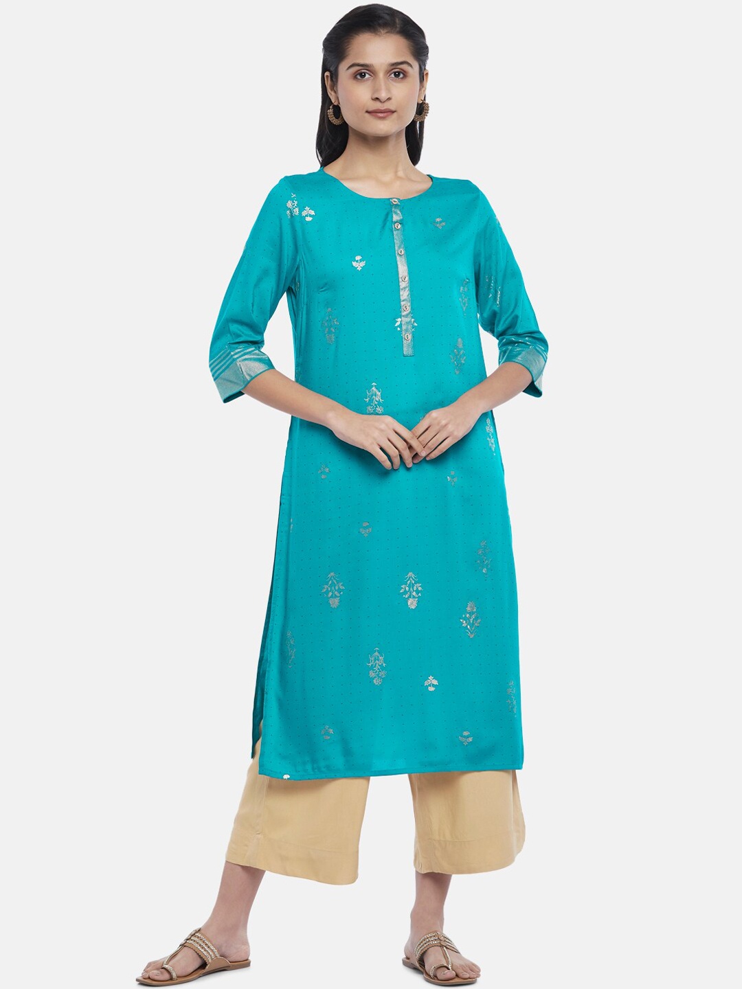 

RANGMANCH BY PANTALOONS Women Turquoise Blue Ethnic Motifs Embroidered Kurta