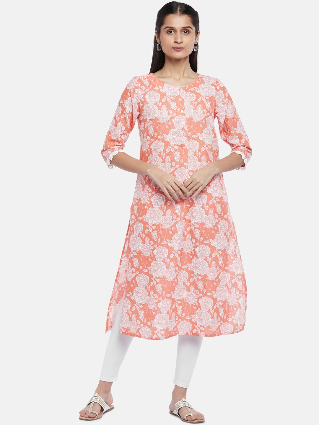 

RANGMANCH BY PANTALOONS Women Peach-Coloured Floral Printed Kurta