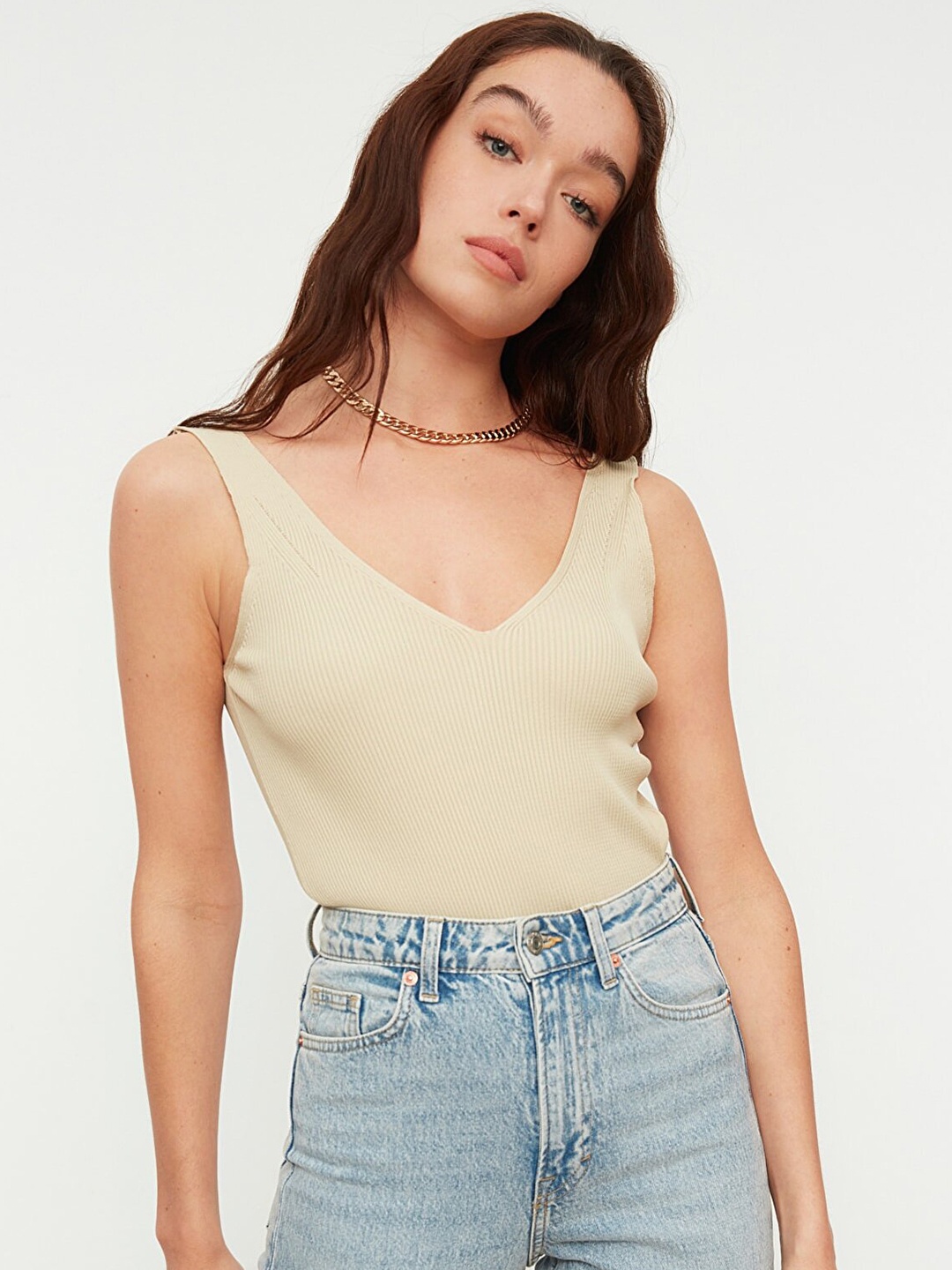 

Trendyol Women Beige Ribbed Top