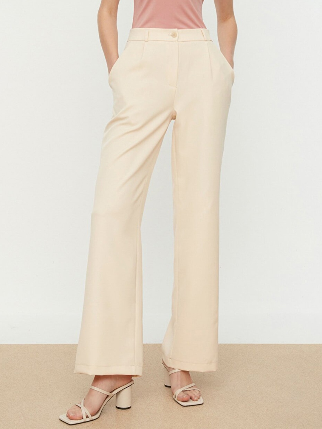 

Trendyol Women Beige Solid High Rise Woven Parallel Trousers