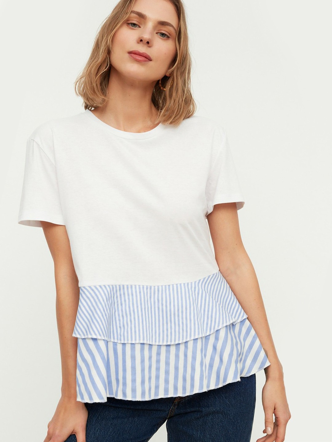 

Trendyol Women White & Blue Pure Cotton Striped A-Line Top