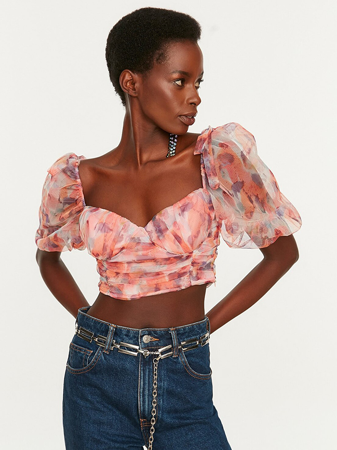 

Trendyol Women Pink Net Printed Crop Top