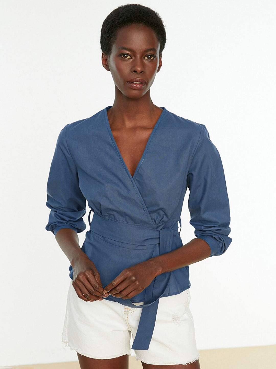 

Trendyol Women Navy Blue Cotton Wrap Top with Belt
