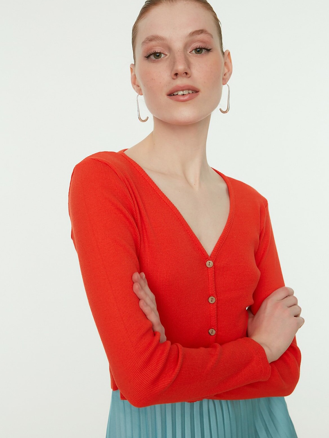 

Trendyol Women Orange Ribbed Fitted Top