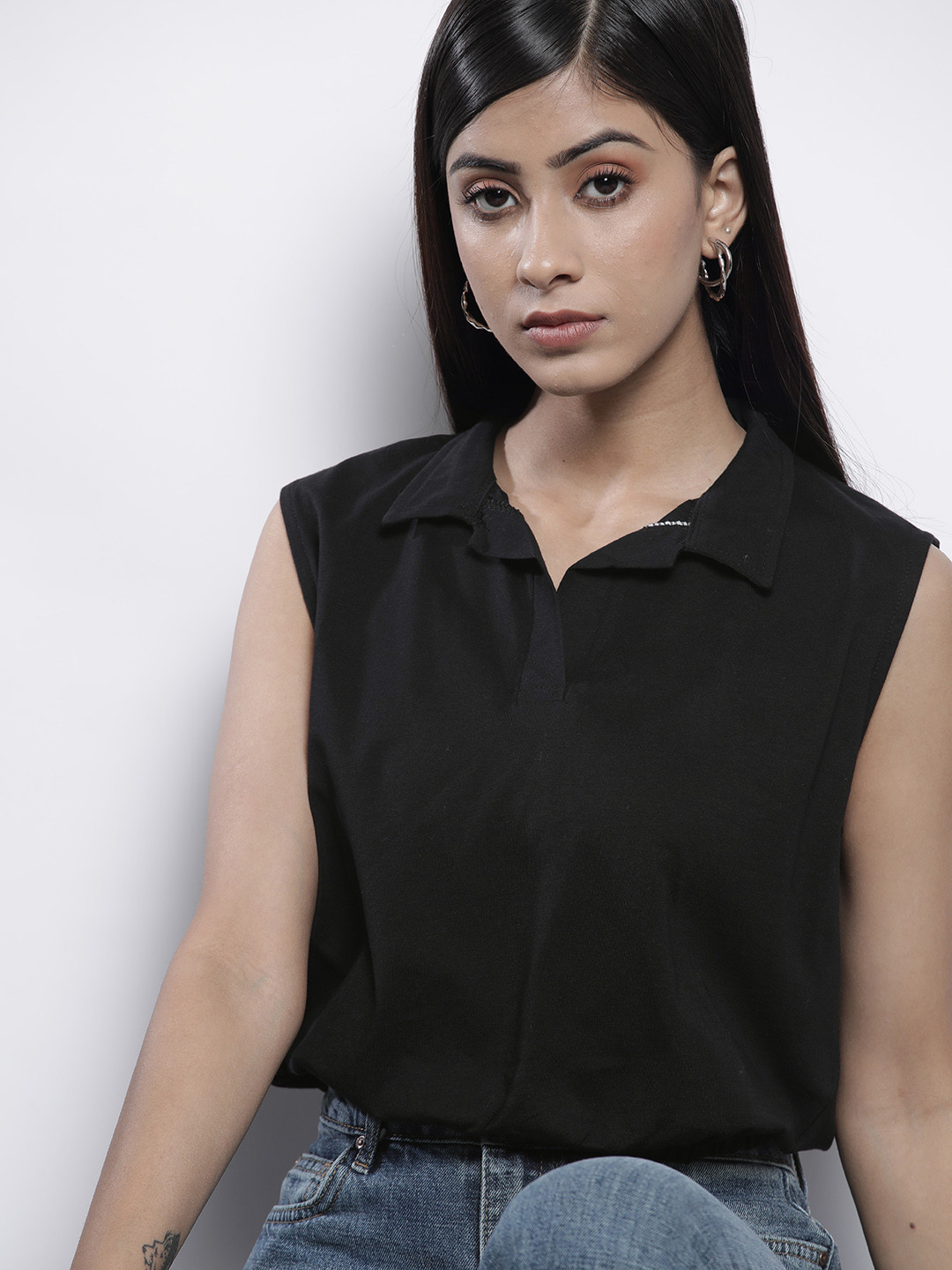 

Trendyol Women Black Solid Pure Cotton Blouson Top