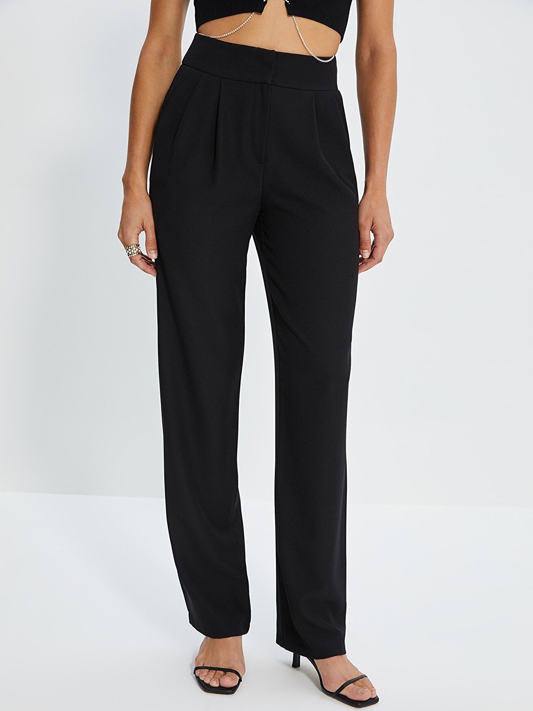 

Trendyol Women Black Solid Pleated Trousers