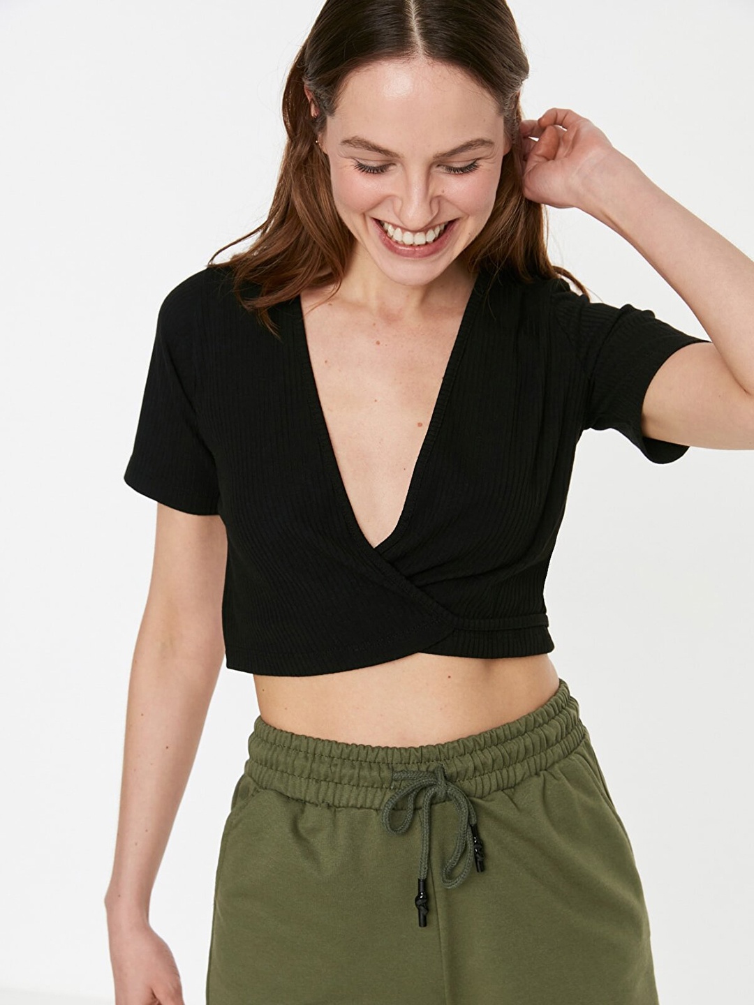 

Trendyol Women Black Ribbed Wrap Crop Top