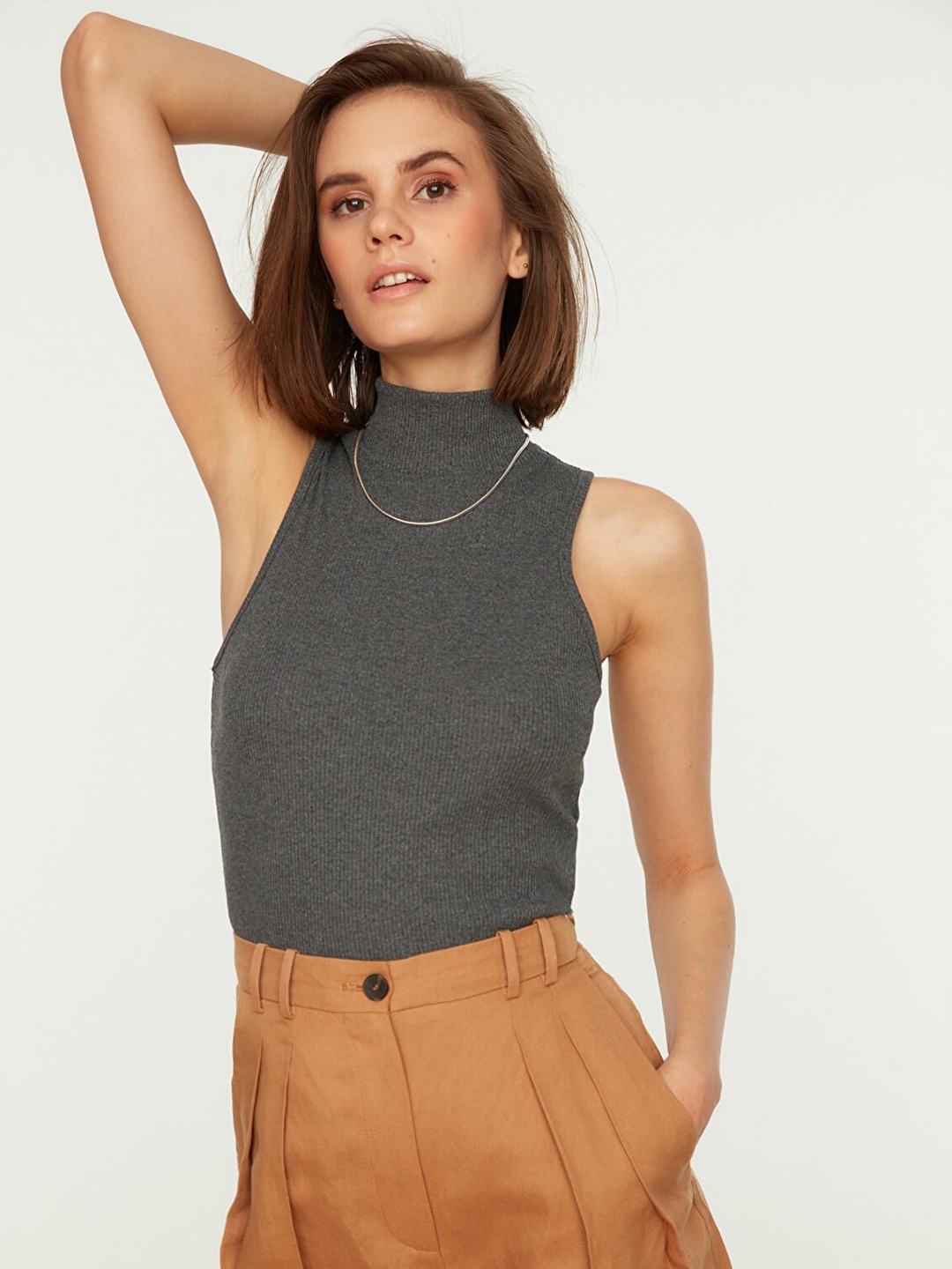 

Trendyol Charcoal Grey Ribbed Top
