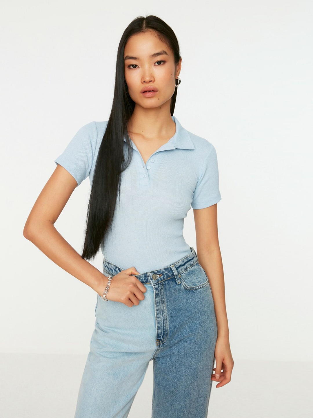 

Trendyol Blue Self Striped Polo Collar Top