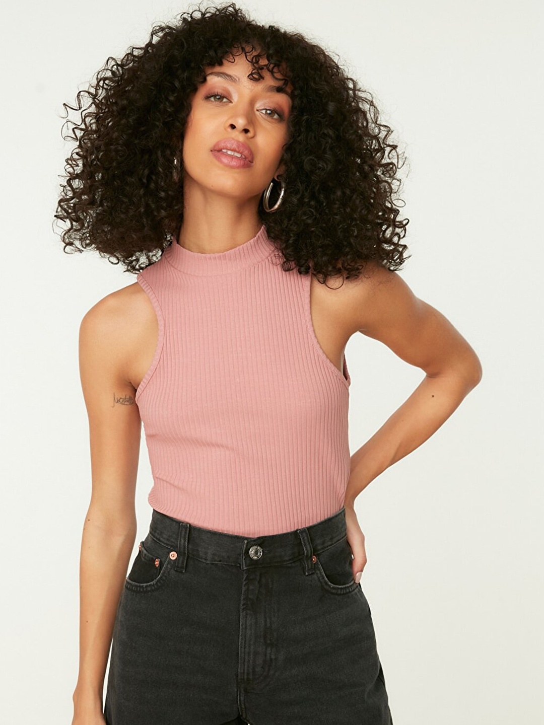 

Trendyol Women Dusty Pink Self Striped Fitted Top, Rose
