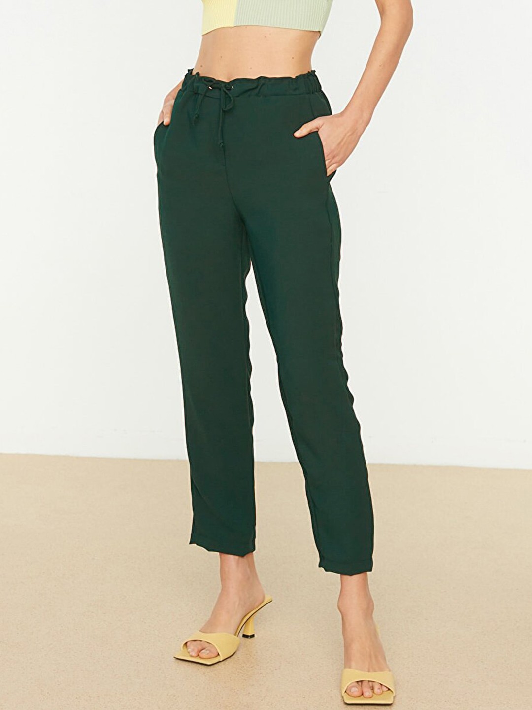 

Trendyol Women Green Solid High Rise Tie-Up Trousers